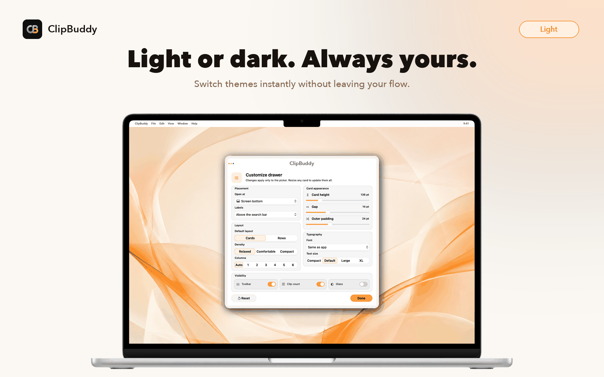 Dynamic theme switching between light and dark mode in ClipBuddy for Mac