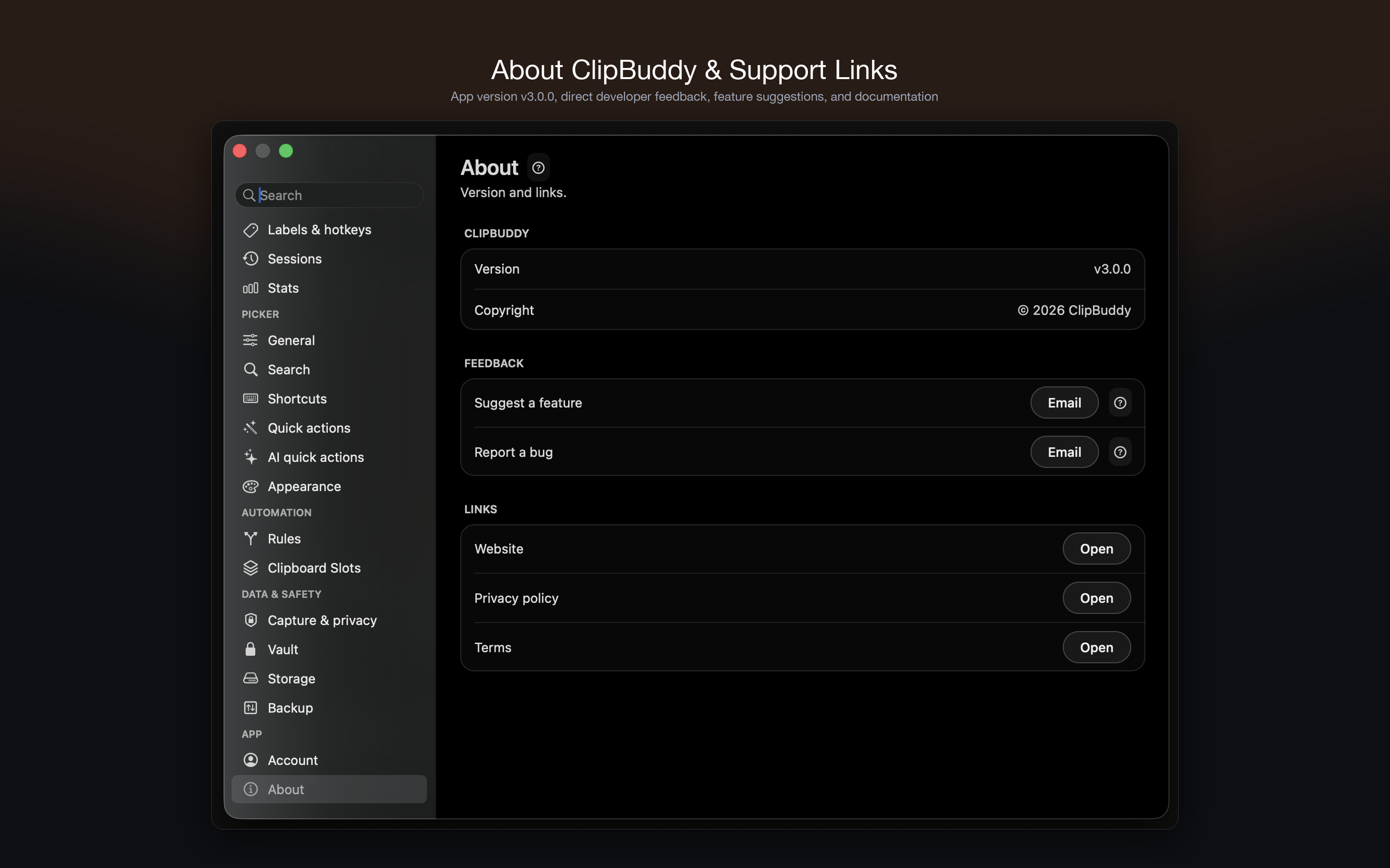 About ClipBuddy & Support Links