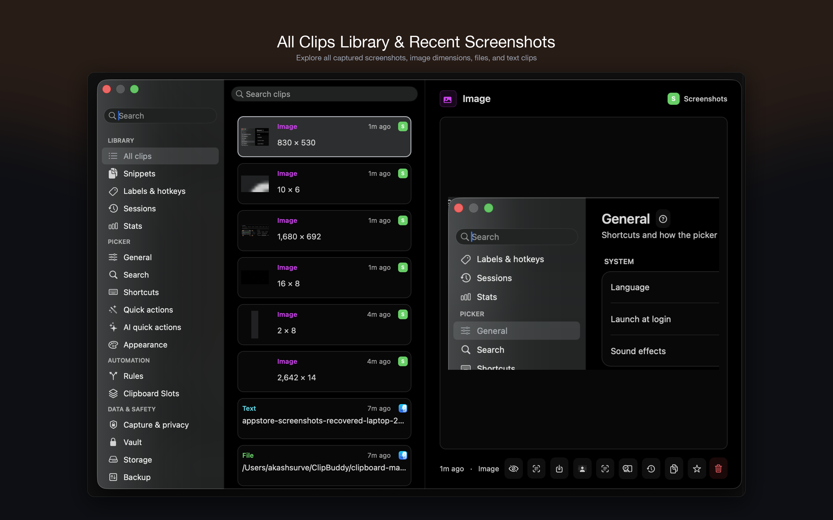 All Clips Library & Recent Screenshots