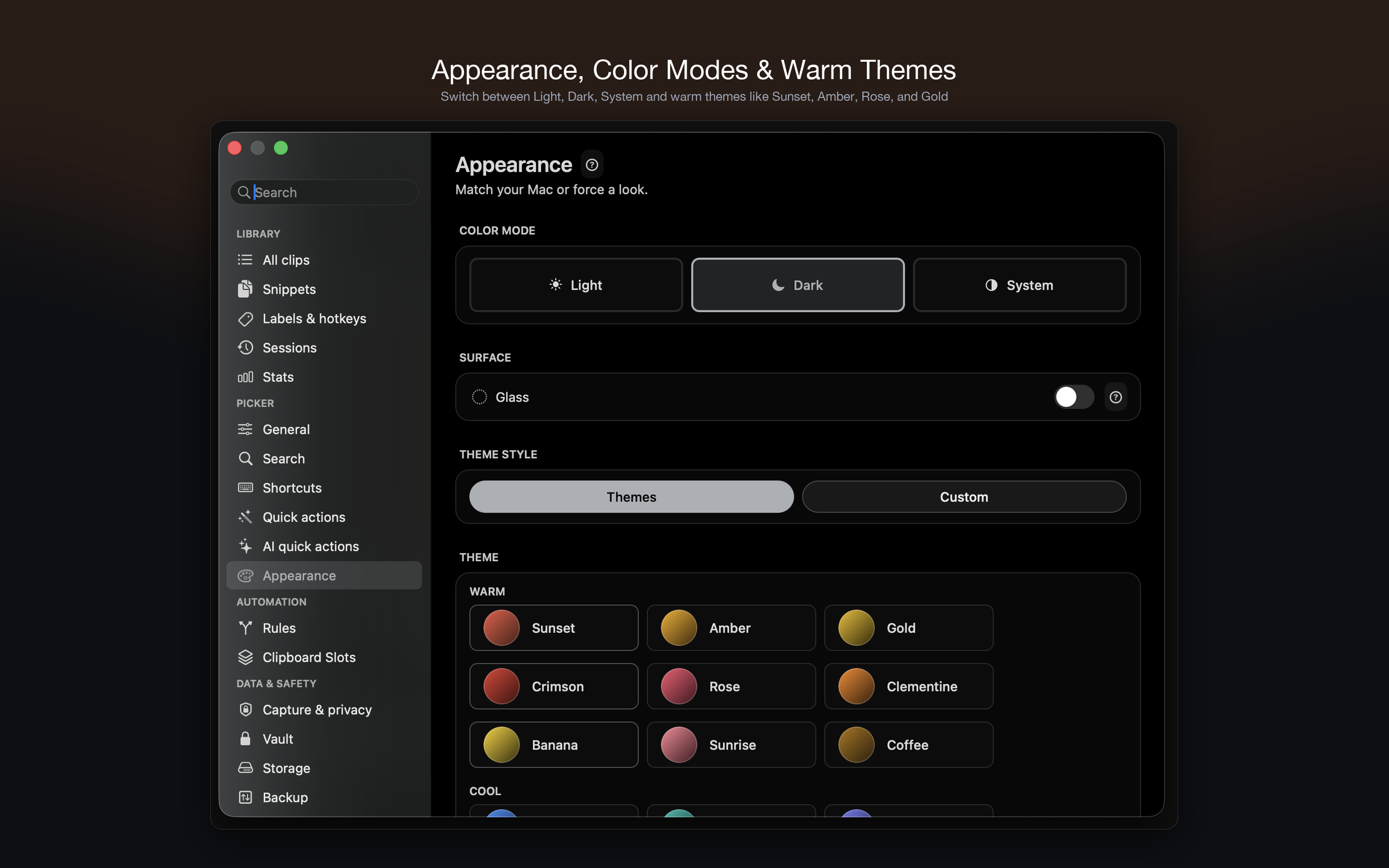 Appearance, Color Modes & Warm Themes