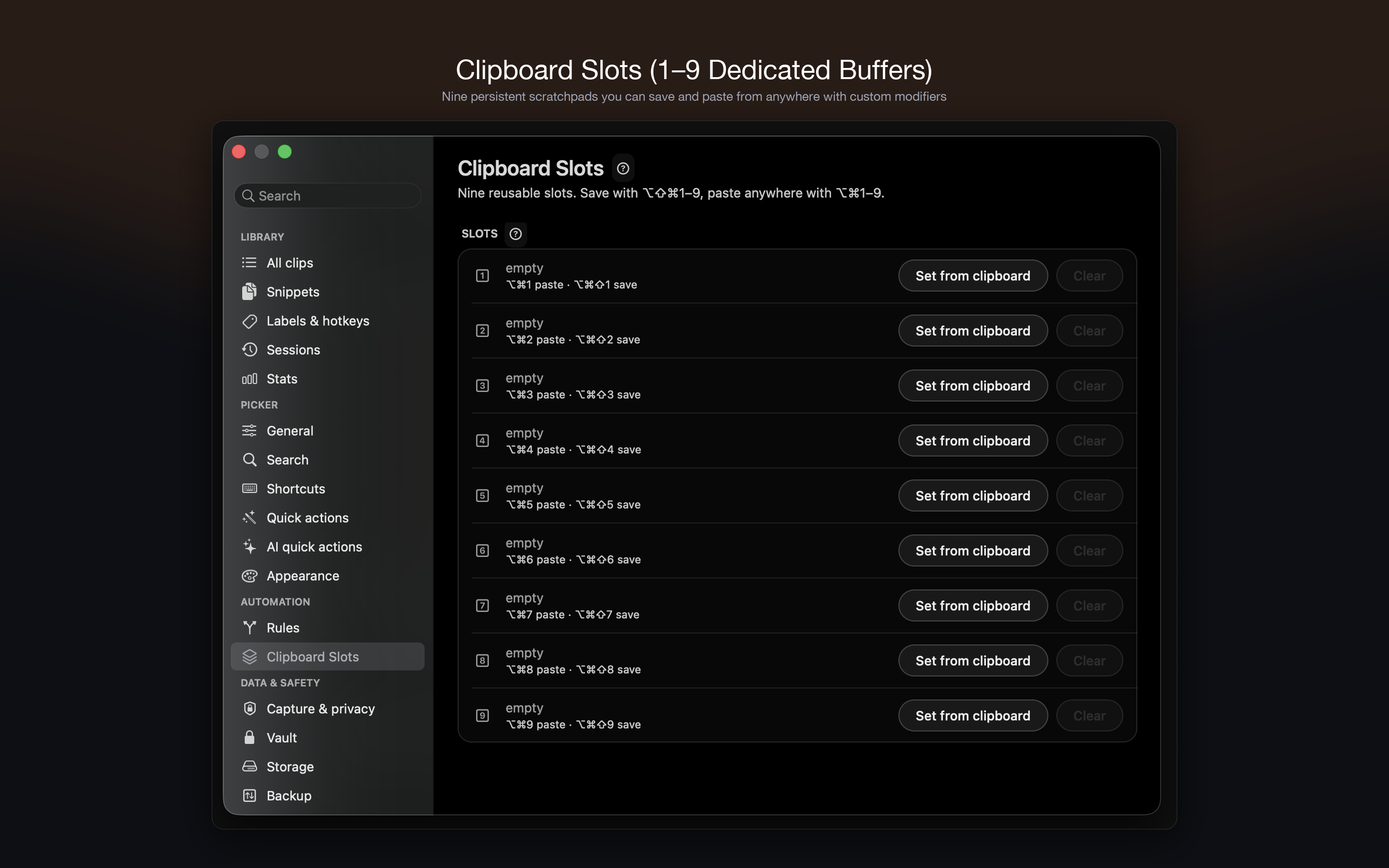 Clipboard Slots (1–9 Dedicated Buffers)