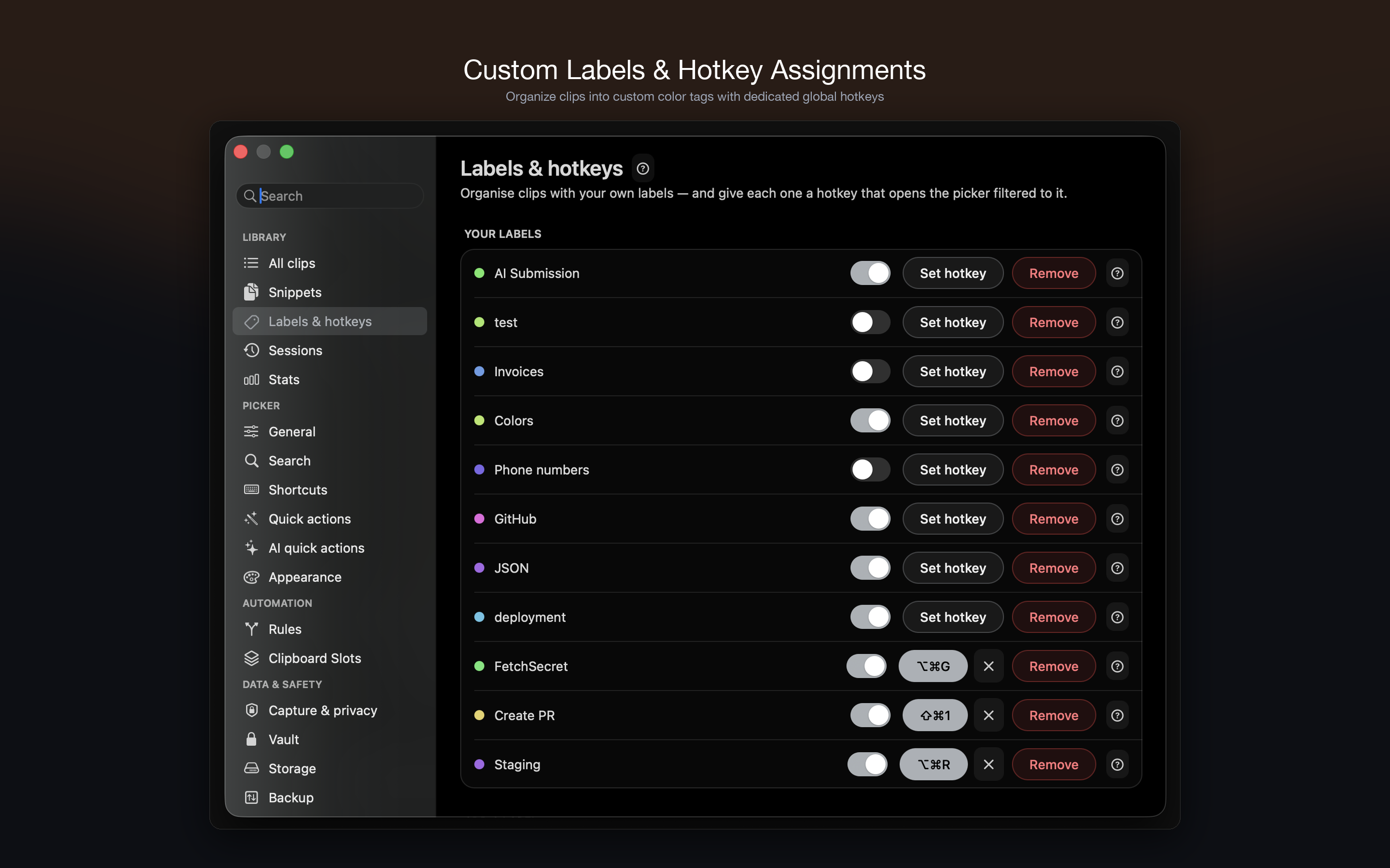 Custom Labels & Hotkey Assignments