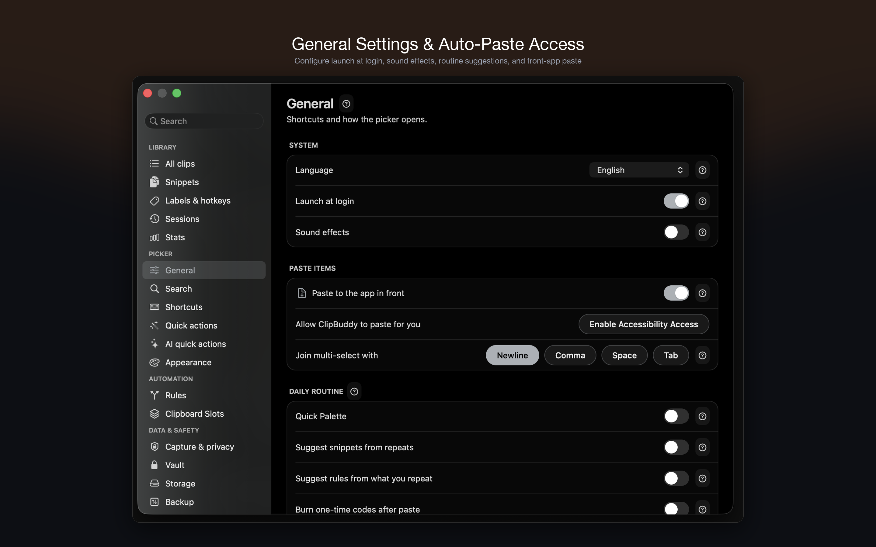 General Settings & Auto-Paste Access