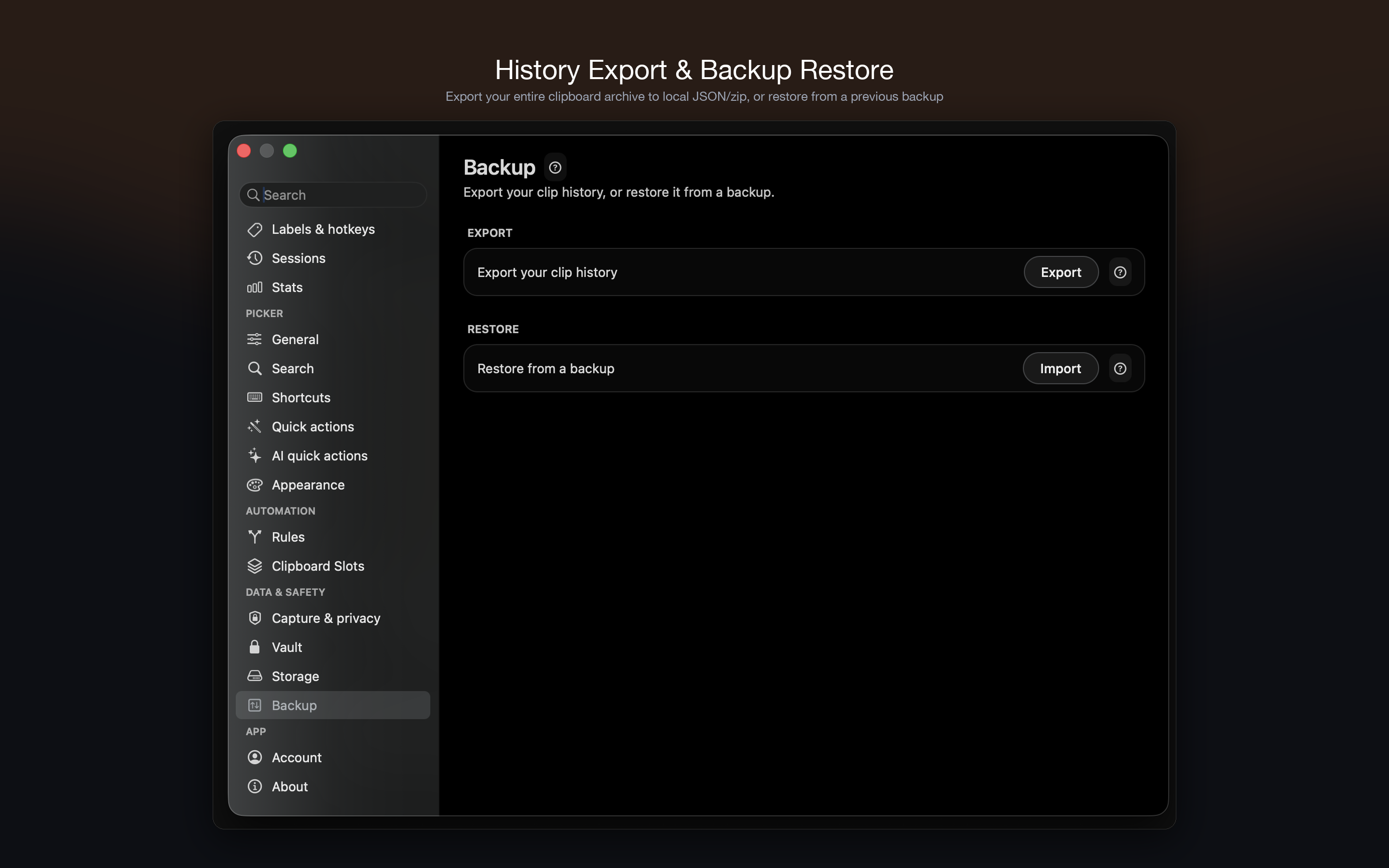 History Export & Backup Restore