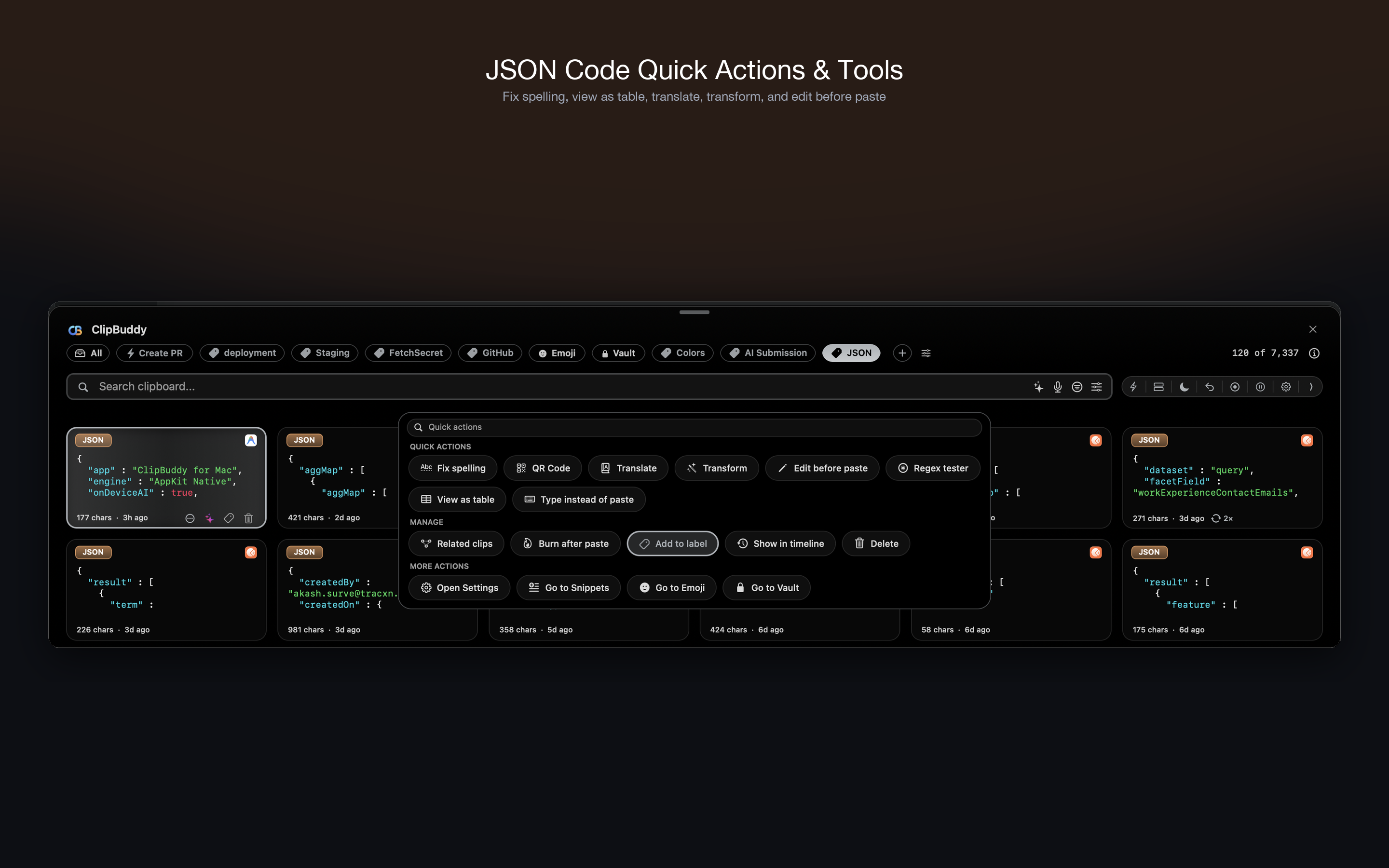 JSON Code Quick Actions & Tools