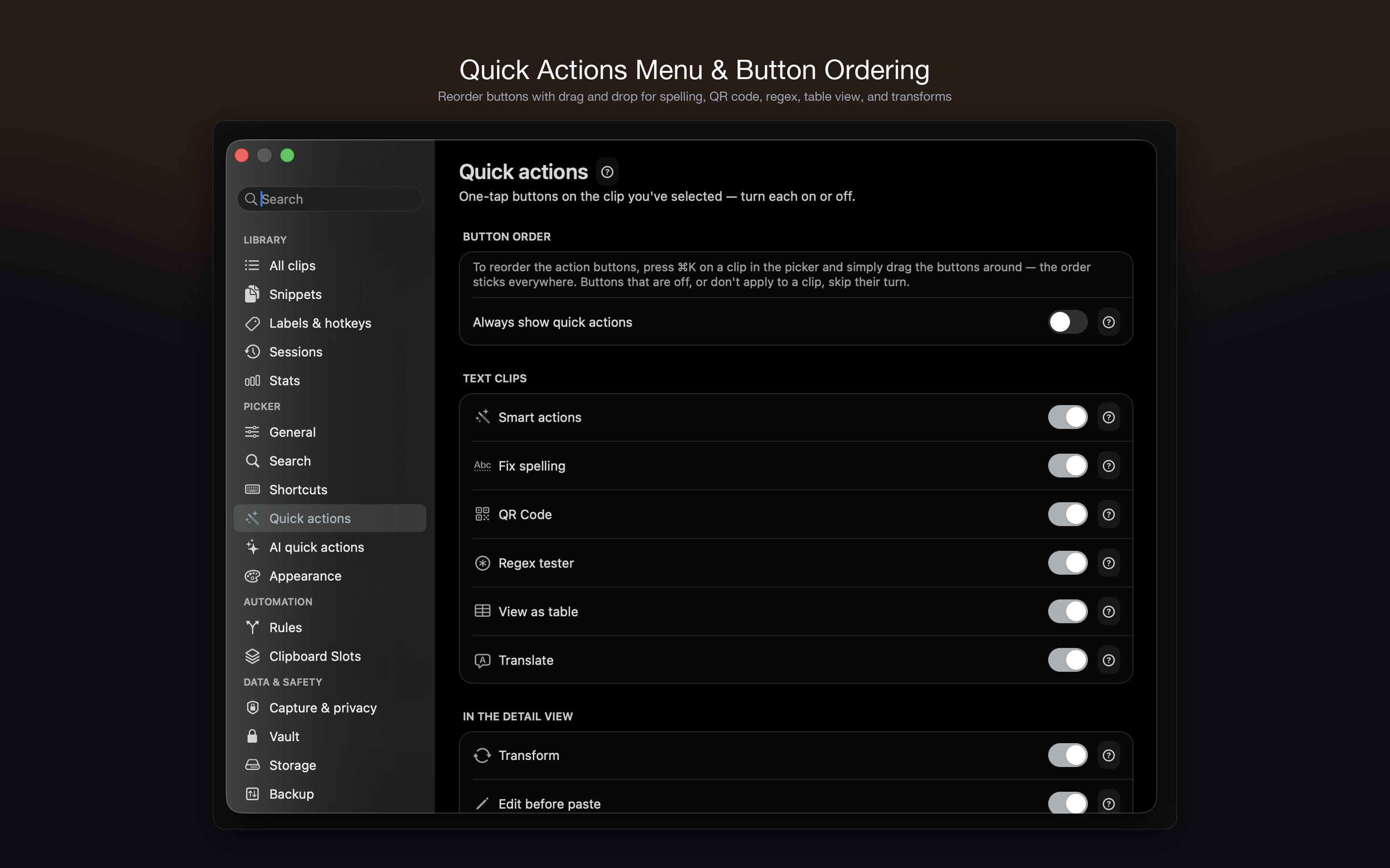 Quick Actions Menu & Button Ordering
