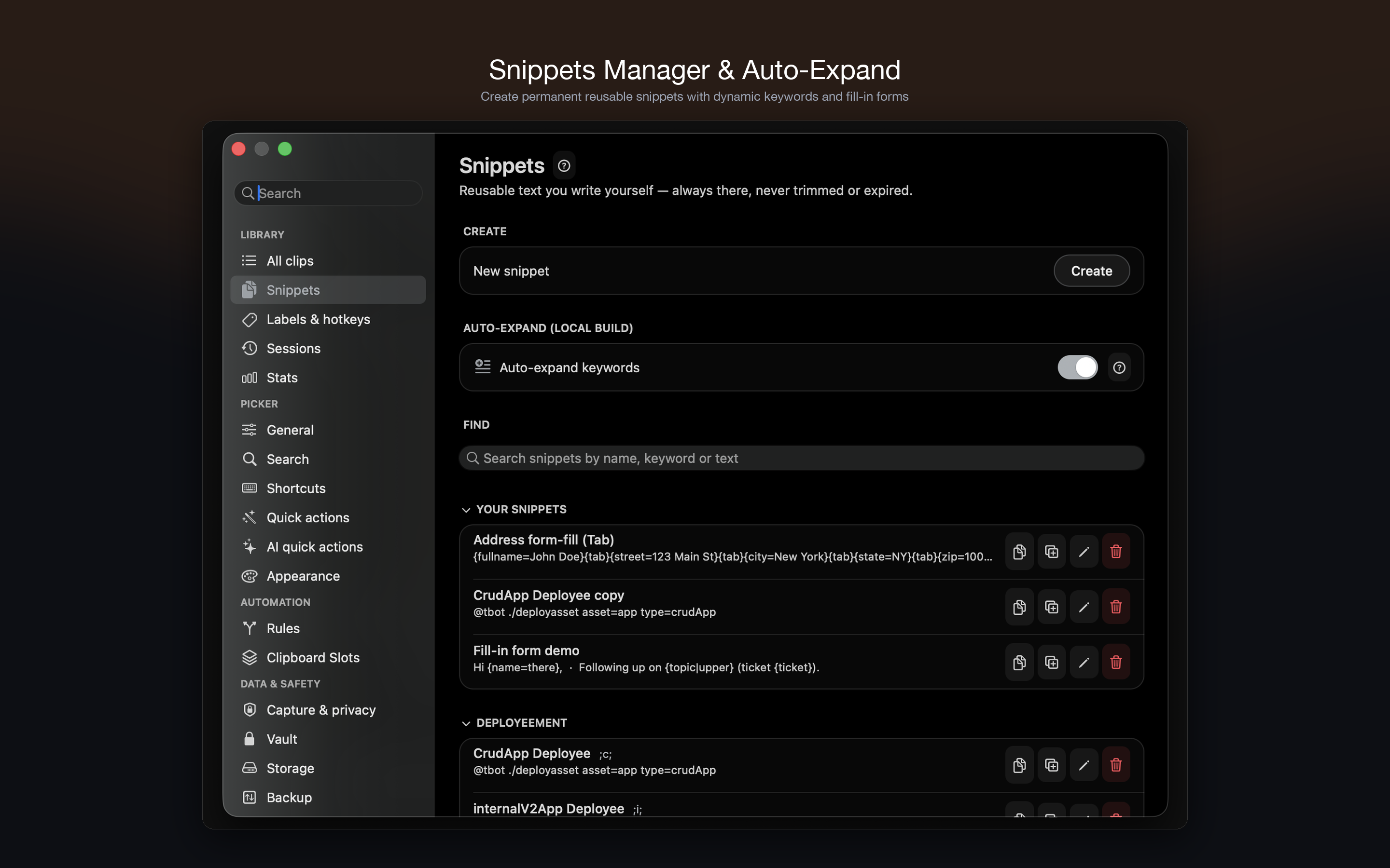 Snippets Manager & Auto-Expand