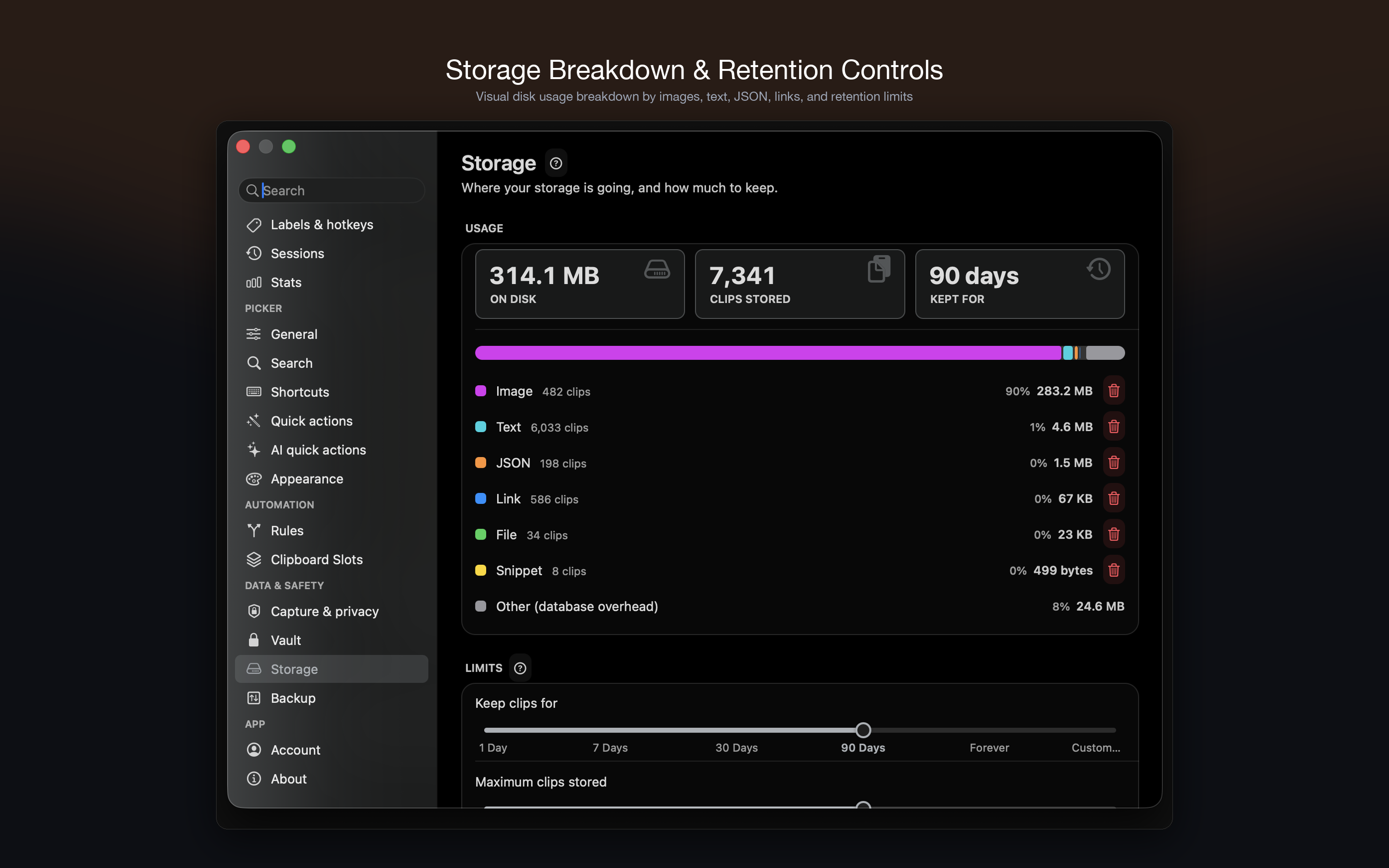 Storage Breakdown & Retention Controls
