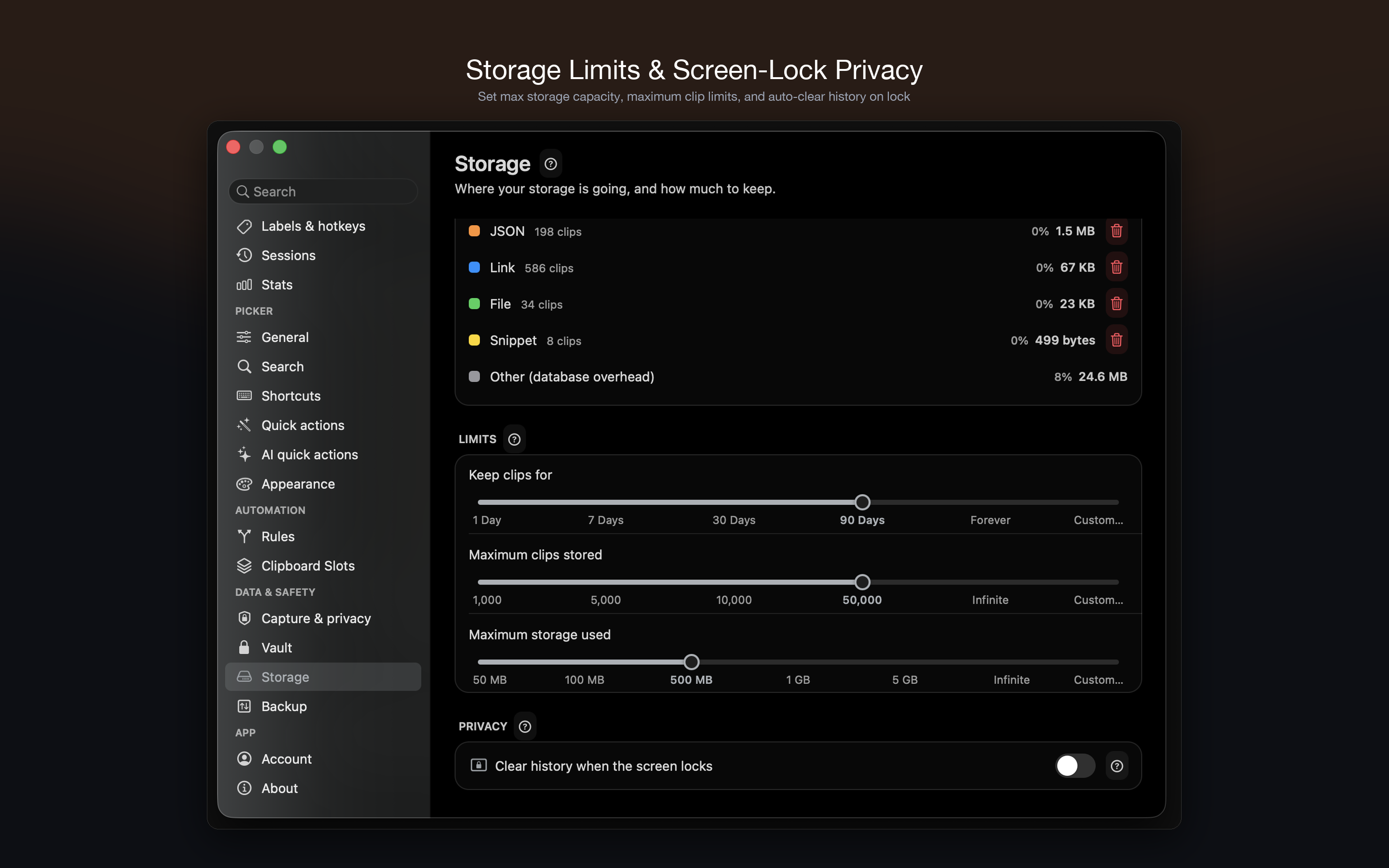 Storage Limits & Screen-Lock Privacy