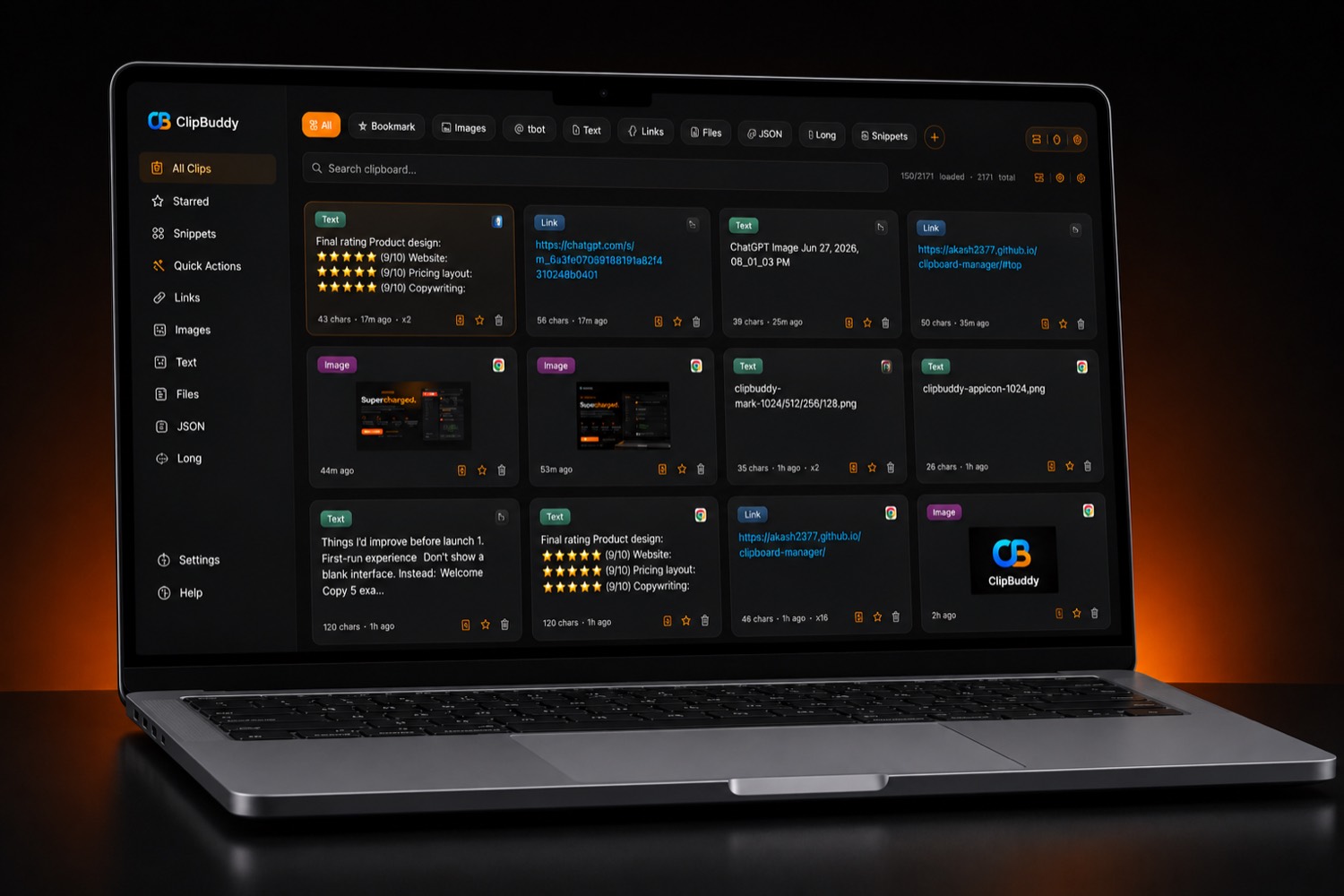ClipBuddy showing a searchable clipboard history on a Mac