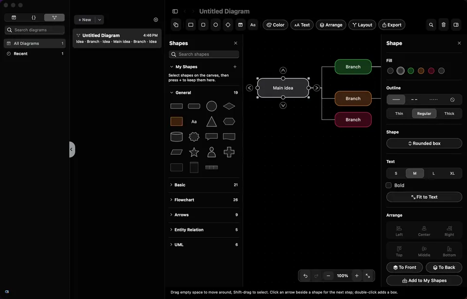 ClipBuddy Draw: a mind map on the canvas with the shape library on the left and the shape inspector on the right
