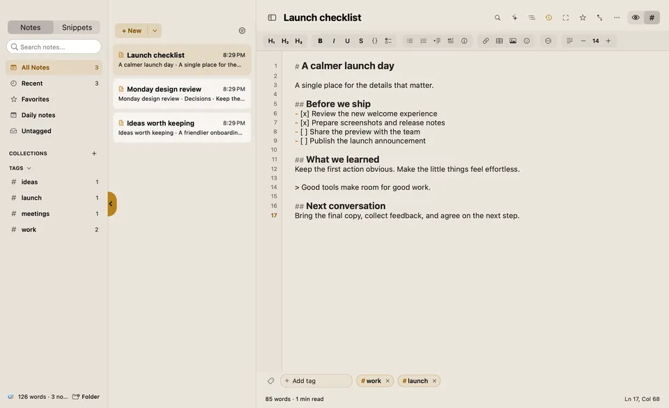 ClipBuddy Notes: a Markdown note titled Launch checklist with a formatting toolbar, line numbers and tags