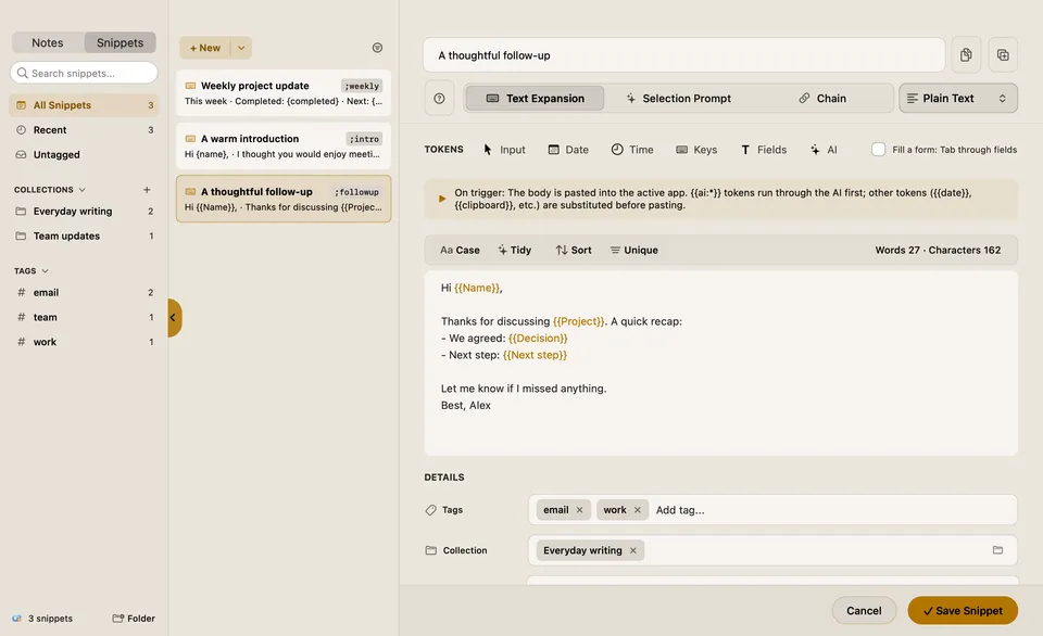 ClipBuddy Snippets: a follow-up email snippet with fill-in fields, the token bar and the three snippet types